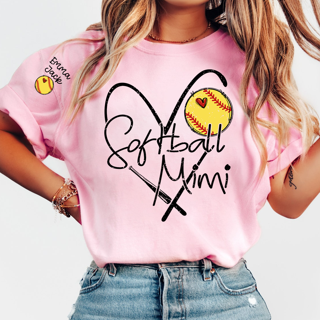 Softball Mimi Shirt Personalized with Grandkids Names, Heart and Bat Sports Family T Shirt