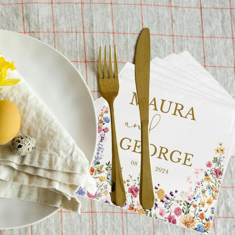Personalized Wedding Napkins | Custom Wedding Napkins | Floral Cocktail Napkins | Save The Date | Dinner Bridal Shower Engagement Party