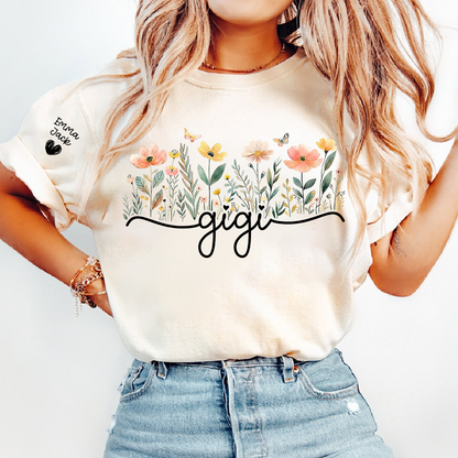Gigi Floral Shirt, Personalized Grandma Tee with Family Names, Flower Garden Graphic T Shirt, Gift for Gigi from Grandchildren