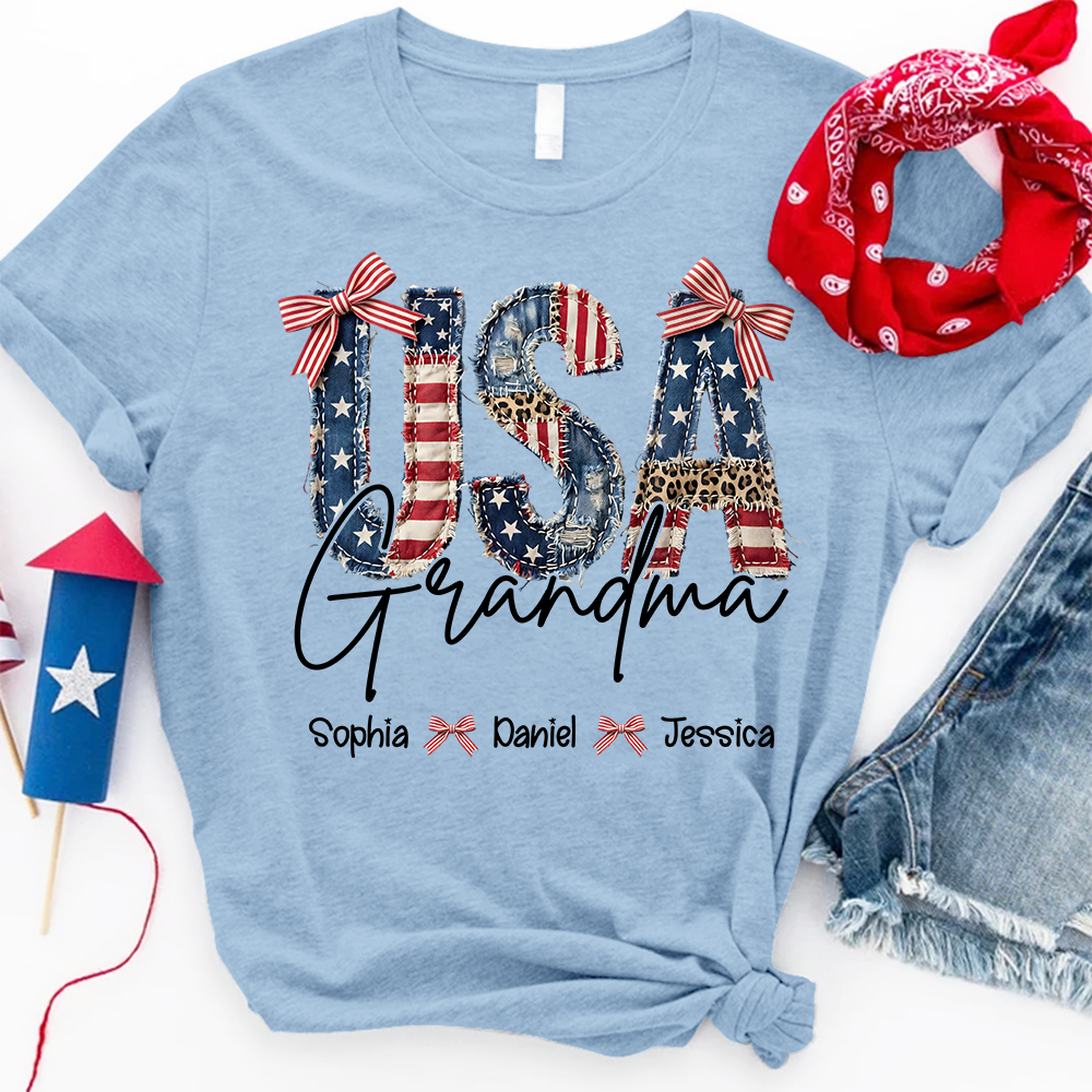 Custom Grandma T Shirt with Grandchildren Names Vintage USA Flag Patchwork Shirt Personalized Grandma Gift for Mom