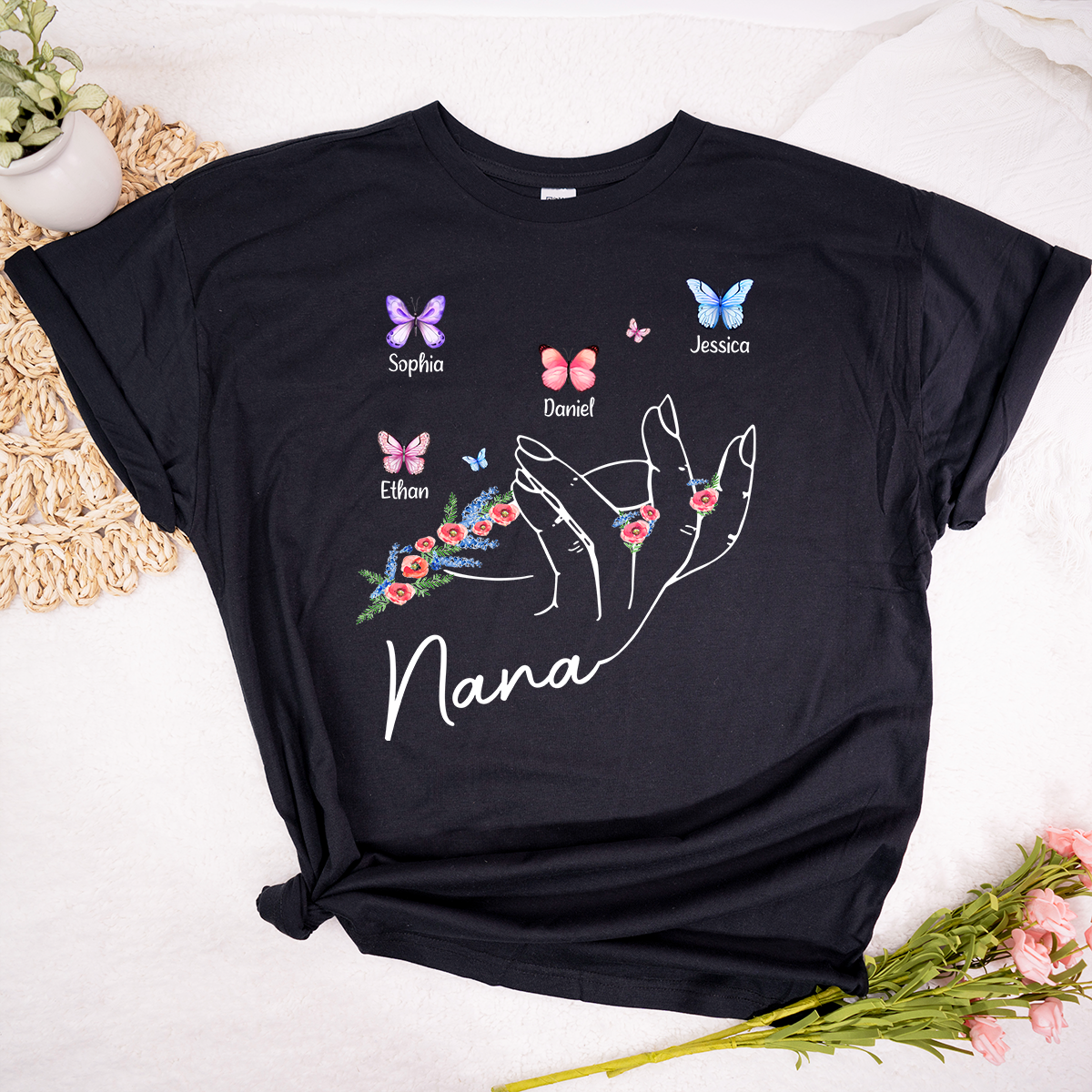 Personalized Mimi Shirt with Kids Names and Butterflies – Custom Grandma Gift with Hand Holding Design