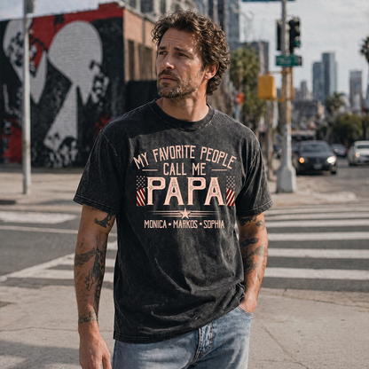 My Favorite People Call Me Papa Mineral Wash Shirt, Personalized Grandkids Names Tee, Custom Grandpa Patriotic American Flag Shirt, Fathers Day Gift