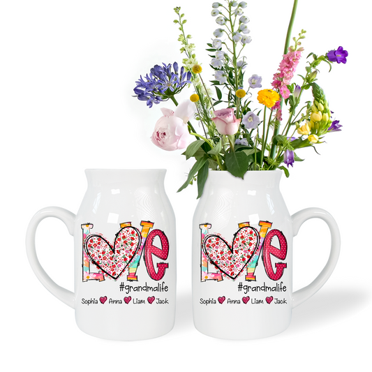 Heart Custom Name Grandma And Kids - Custom Home Decoration Flower Vase According To Family Requirements - Warm Gift For Mother's Day, Ceramic Flower Vase