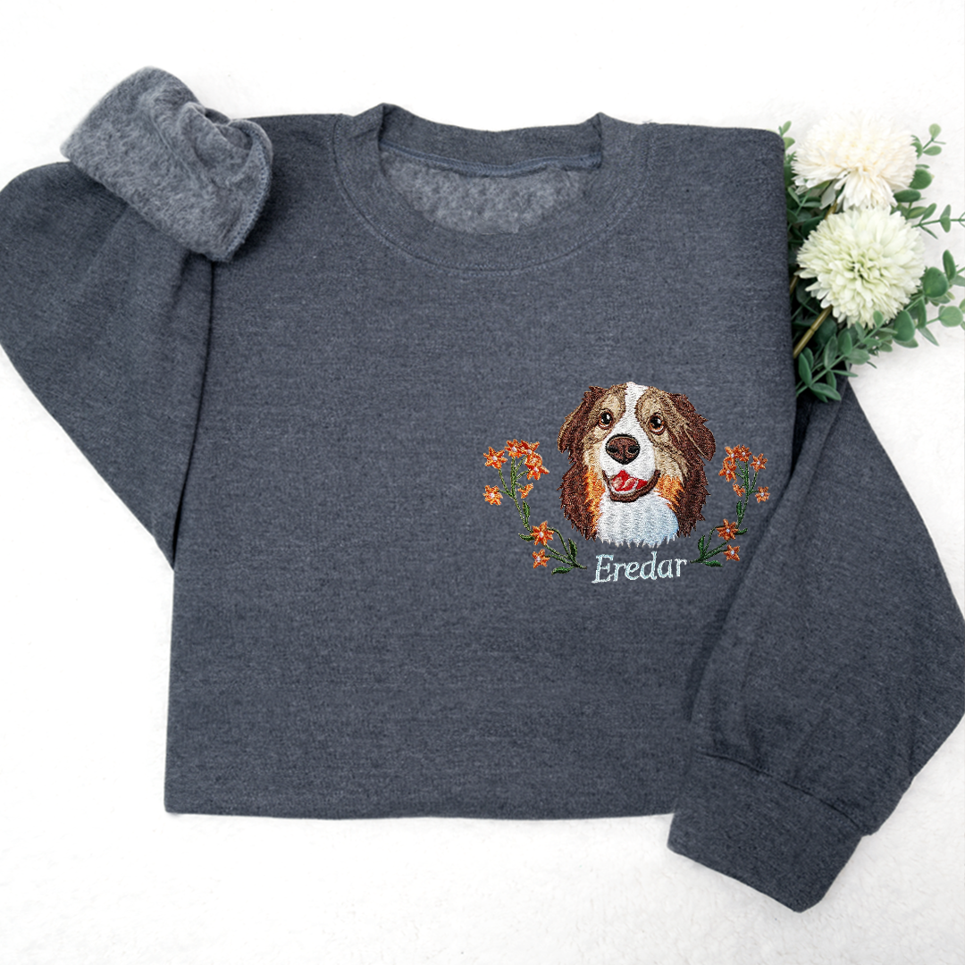 Custom Dog Portrait Embroidered Sweatshirt, Personalized Pet Face and Pet name Sweatshirt