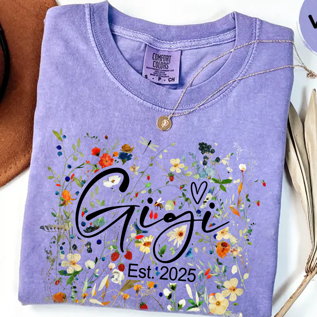Comfort Colors® Gigi Est Wildflower T-Shirt, Custom Grandma With Grandkids Shirt