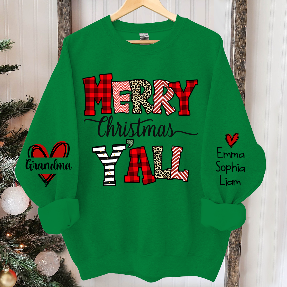Merry Christmas Y'all Leopard Plaid, Custom Grandma And Kids TH Sweatshirt