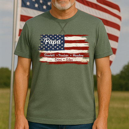 Grandpa With Grandkids Names 4th Of July Flag Classic X-Stitch Tee