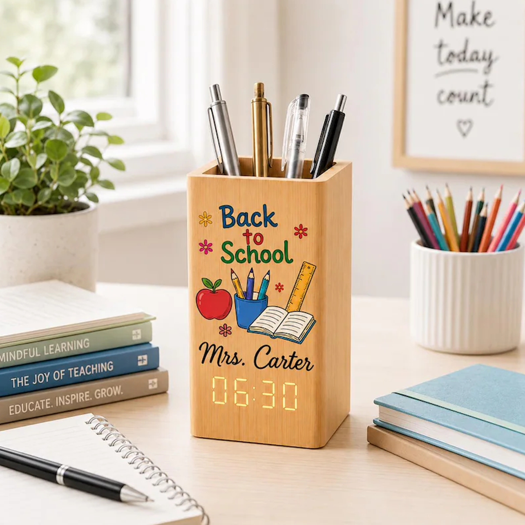 Teacher Pen Holder With Clock, Personalized Wooden Desk Organizer, Back To School Gift For Teacher, Classroom Supplies Decor