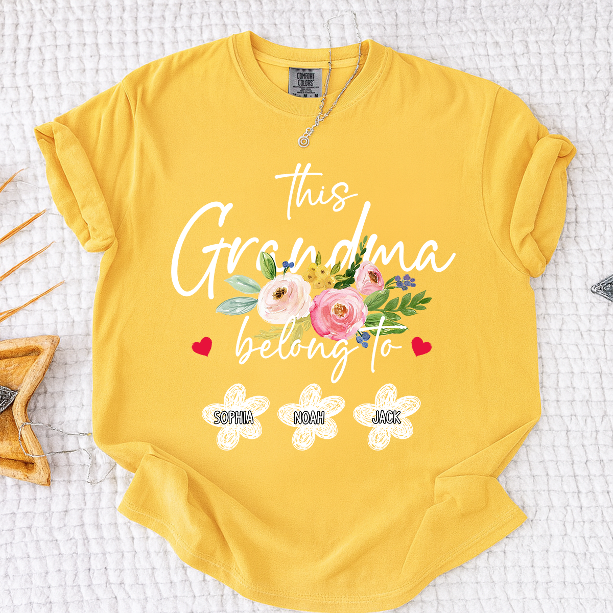 Comfort Colors Custom Grandma T-Shirt, This Grandma Belongs to Personalized with Kids Names and Flower Design