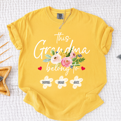 Comfort Colors Custom Grandma T-Shirt, This Grandma Belongs to Personalized with Kids Names and Flower Design