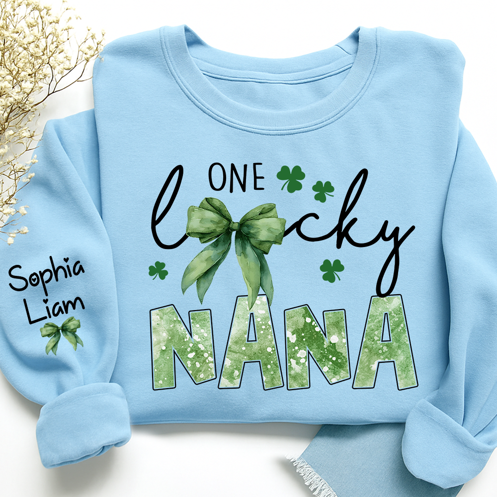 One Lucky Nana Sweatshirt for St Patrick’s Day, Personalized Grandma Shamrock Clover Sweatshirt with Kids Names