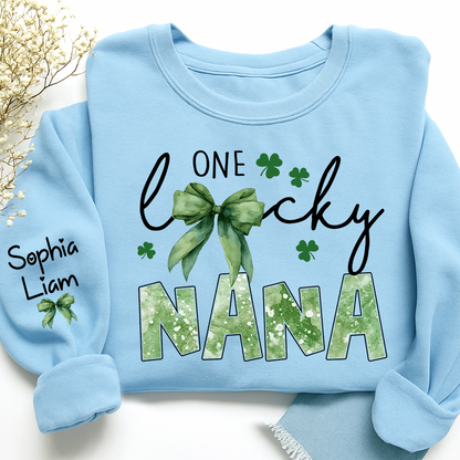 One Lucky Nana Sweatshirt for St Patrick’s Day, Personalized Grandma Shamrock Clover Sweatshirt with Kids Names
