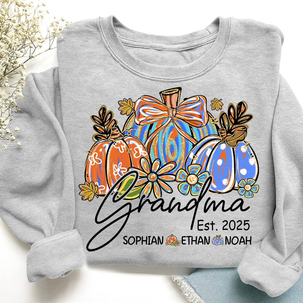 Fall Pumpkin Print Sweatshirt with Pumpkin Brush Pattern, Custom Gifts for Grandma and Grandchild