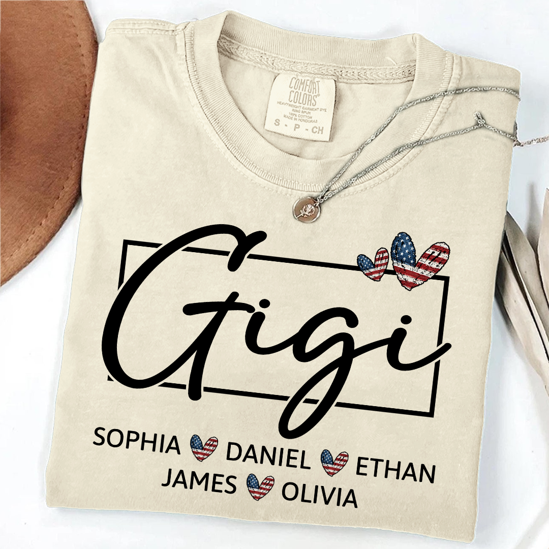 Comfort Colors Personalized Gigi Shirt with Children Names USA Flag Heart Graphic Custom Grandma Tee Stylish Script Design Family Gift Shirt