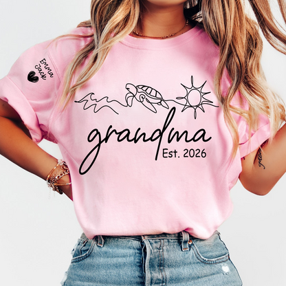 Personalized Grandma Nature Shirt, Sea Turtle Botanical Graphic Tee, Custom Sleeve Names T Shirt, Ocean Lover Gift for Grandma