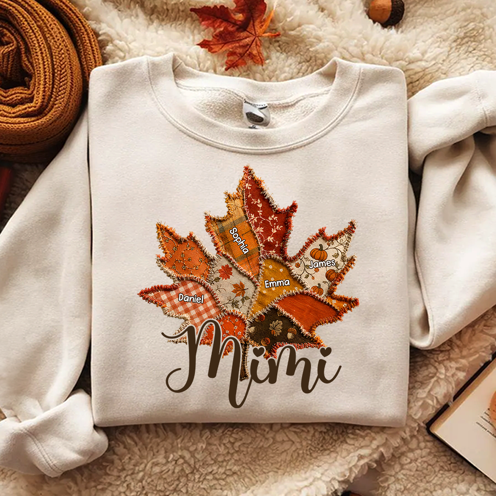 Personalized Mimi Fall Sweatshirt, Custom Grandkids Names Leaf Patchwork Sweatshirt, Autumn Grandma Gift, Cozy Thanksgiving Outfit