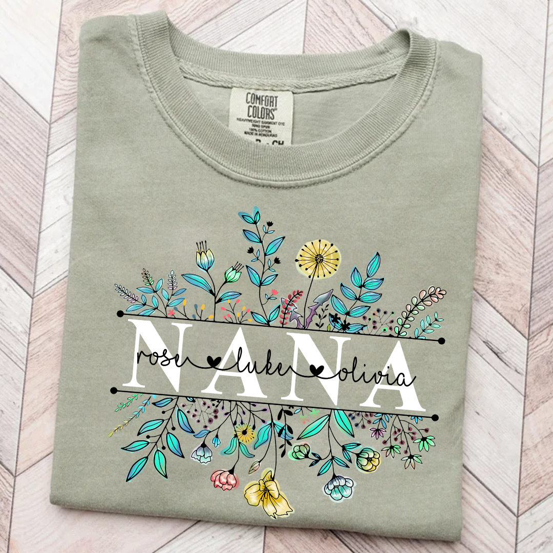 Comfort Colors® Wildflower Grandma Color T-Shirt, Custom Grandma With Grandkids Shirt
