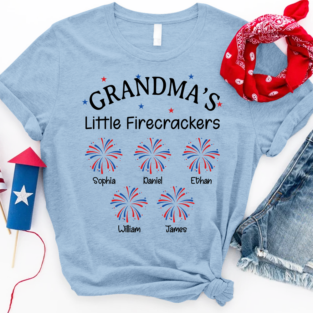 Grandma Little Firecrackers T shirt with Kids Names, Personalized Patriotic Shirt for 4th of July Family Gift