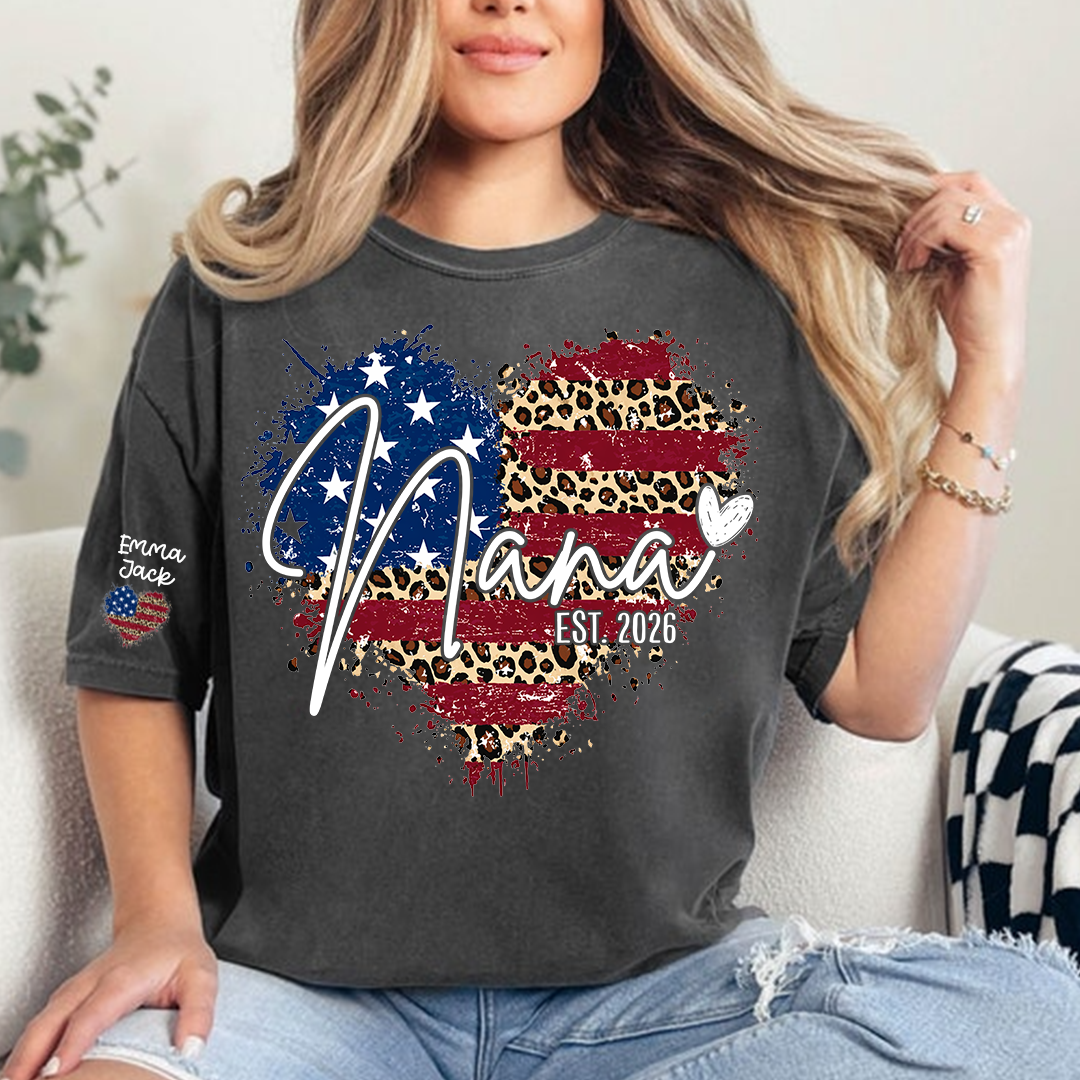 Custom American Flag Heart Nana T-shirt, Grandma Shirt with Kids, Mother's Day Gift for Grandma