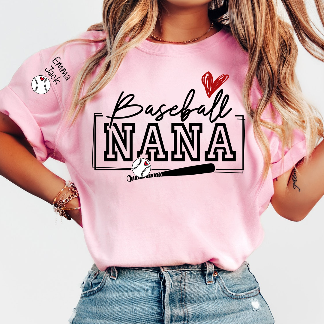 Proud Baseball Nana T Shirt, Personalized Family Sports Shirt with Bat and Heart Design
