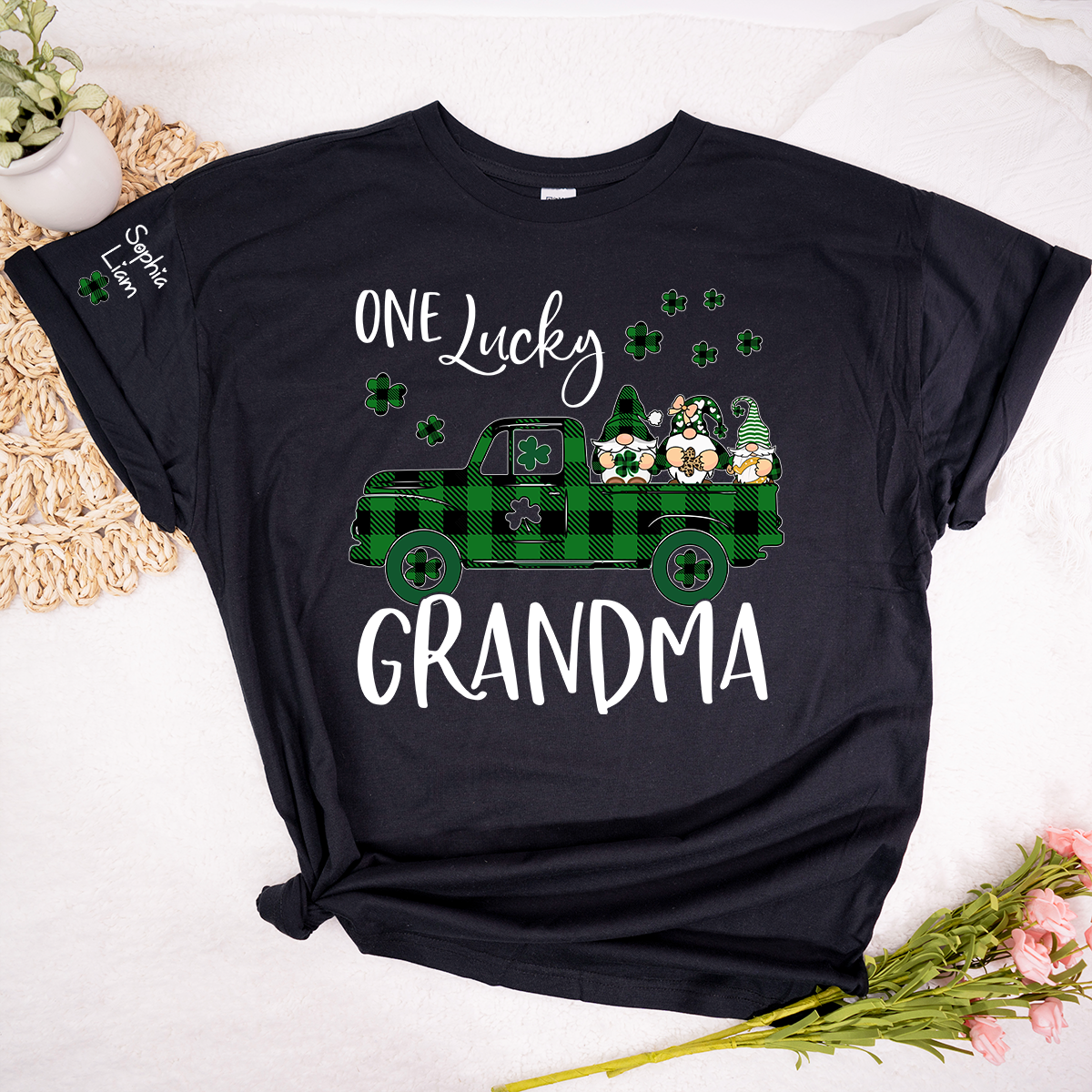 One Lucky Grandma Shirt, Personalized St Patrick’s Day Grandma Shirt With Shamrock Truck Design