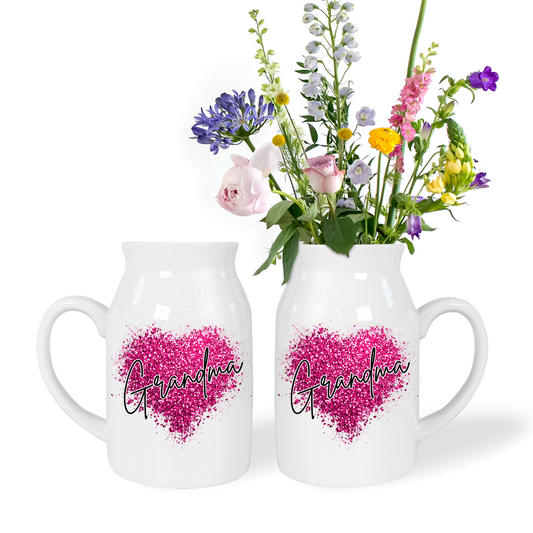 Heart Glitter Grandma And Kids - Custom Home Decoration Flower Vase According To Family Requirements - Warm Gift For Mother's Day, Ceramic Flower Vase