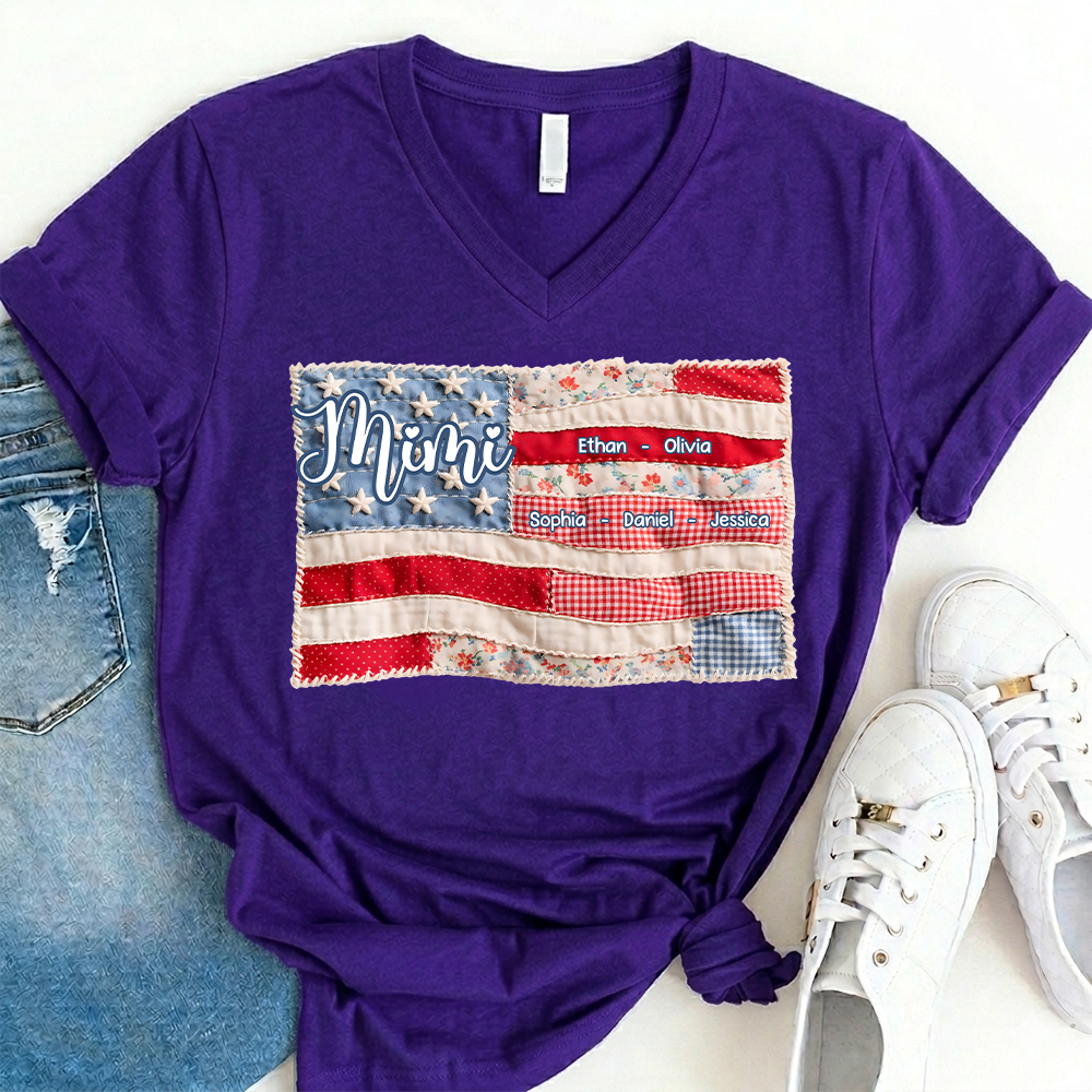 Custom Mimi Shirt for Grandmother Personalized with Kids' Names, American Flag Patchwork Design V-Neck