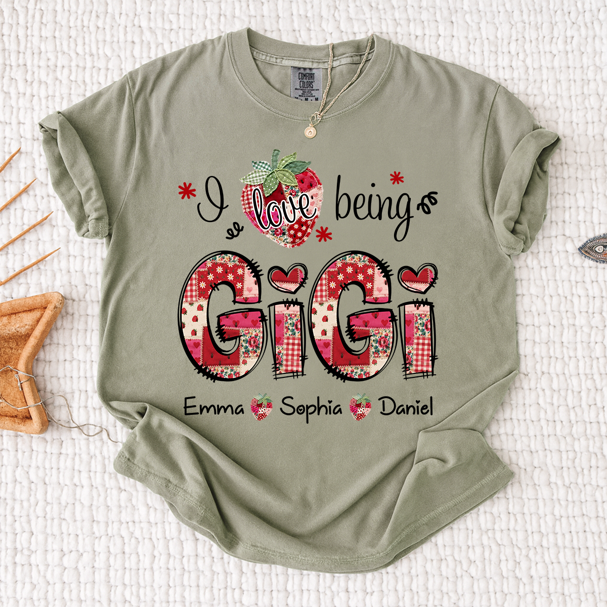Comfort Colors Personalized I Love Being Gigi Shirt, Custom Grandma Strawberry Patchwork Tee with Names, Gift for Grandma
