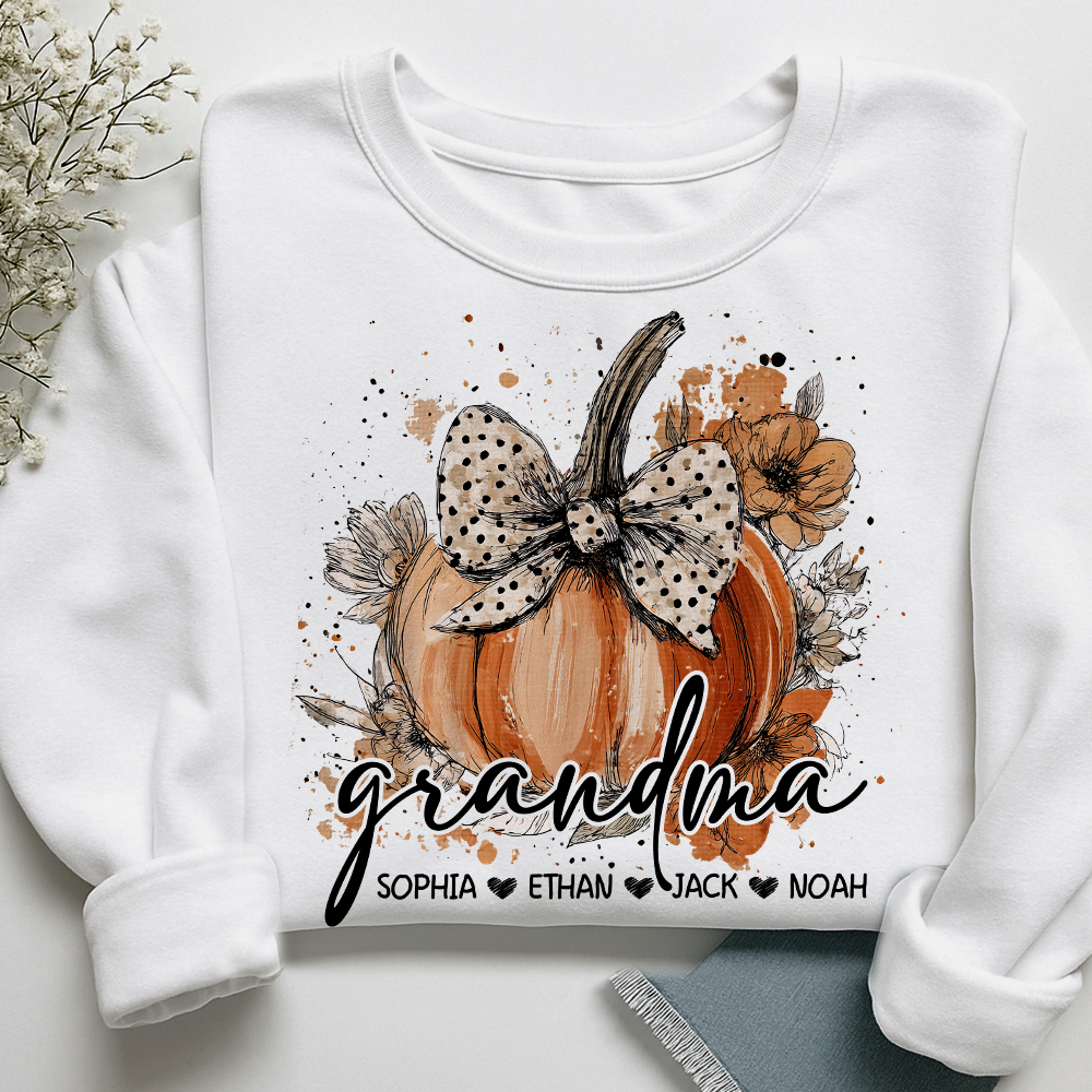 Custom Grandma Pumpkin Shirt, Cozy Autumn Sweatshirt with Kids Names