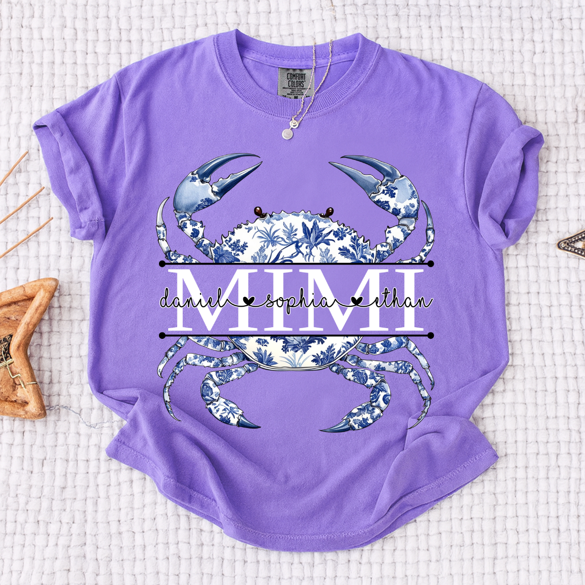 Comfort Colors® Personalized Mimi Shirt, Blue Ocean Crab Graphic Tee, Custom Grandkids Names T Shirt, Cute Coastal Family Gift