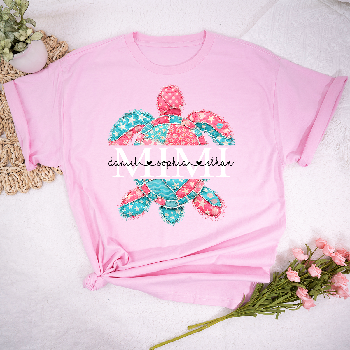 Custom Mimi T Shirt with Grandchildren Names, Colorful Patchwork Sea Turtle Graphic Tee, Beach Lover Gift for Women