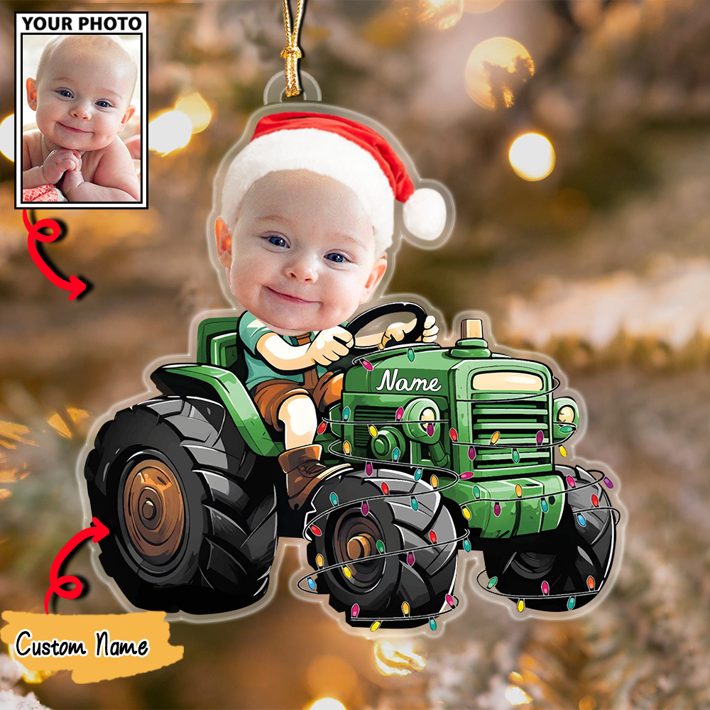 Baby Christmas Ornament, Custom Photo and Name Tractor Holiday Decoration