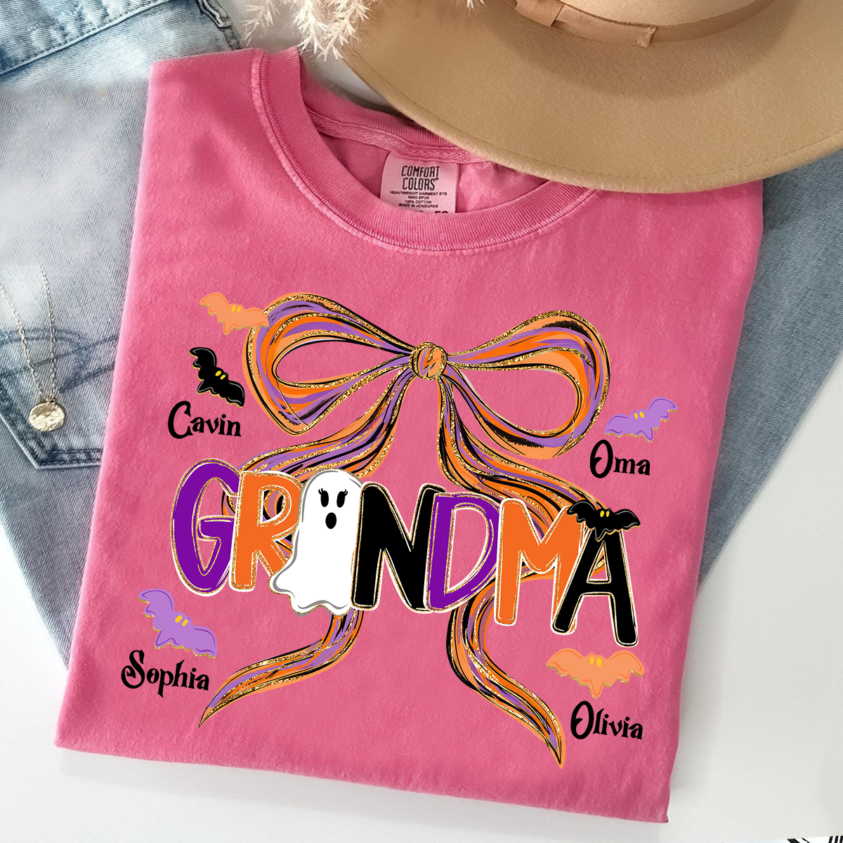 Comfort Colors® Personalized Halloween Grandma T-Shirt, Cute Ghost & Bat Design with Grandkids' Names