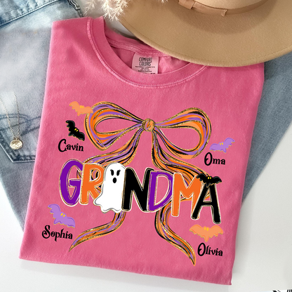 Comfort Colors® Personalized Halloween Grandma T-Shirt, Cute Ghost & Bat Design with Grandkids' Names