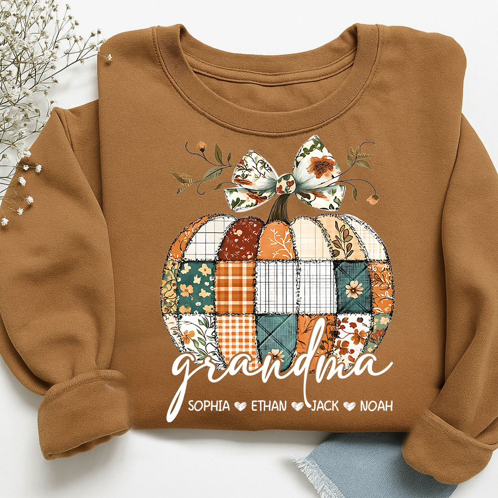 Vintage Patchwork Pumpkin Sweatshirt,  ustom Gifts for Grandma and Grandchild