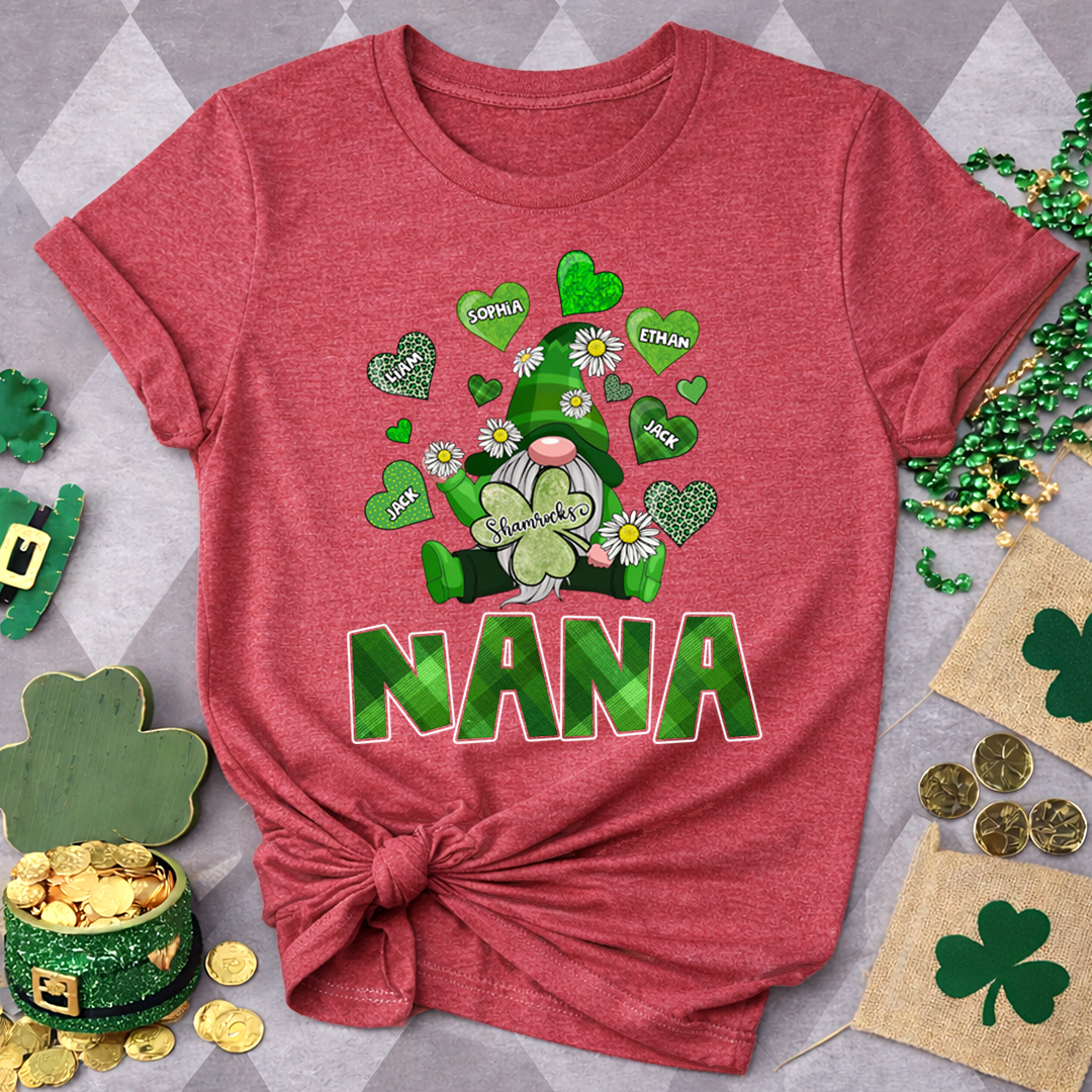 Nana Shamrock Shirt for St Patrick’s Day, Personalized Family Gnome T Shirt, for Grandma and Kids