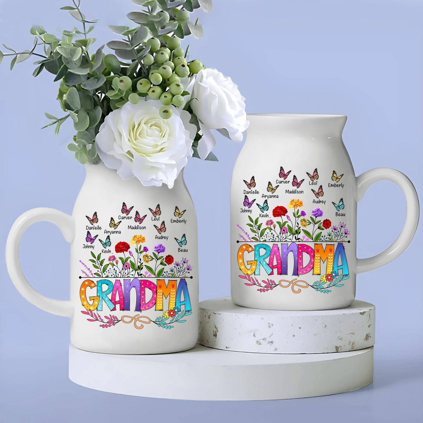 Grandma And Kids - Custom Home Decoration Flower Vase According To Family Requirements - Warm Gift For Mother's Day, Ceramic Flower Vase