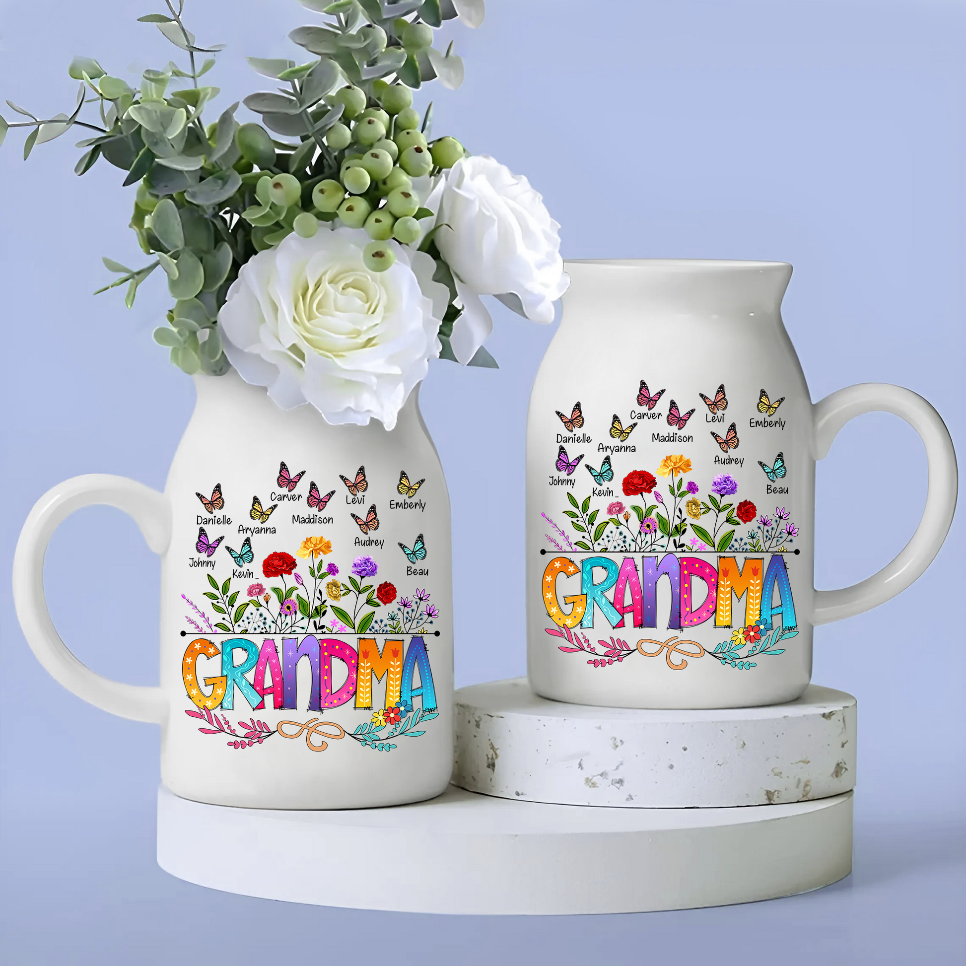 Grandma And Kids - Custom Home Decoration Flower Vase According To Family Requirements - Warm Gift For Mother's Day, Ceramic Flower Vase