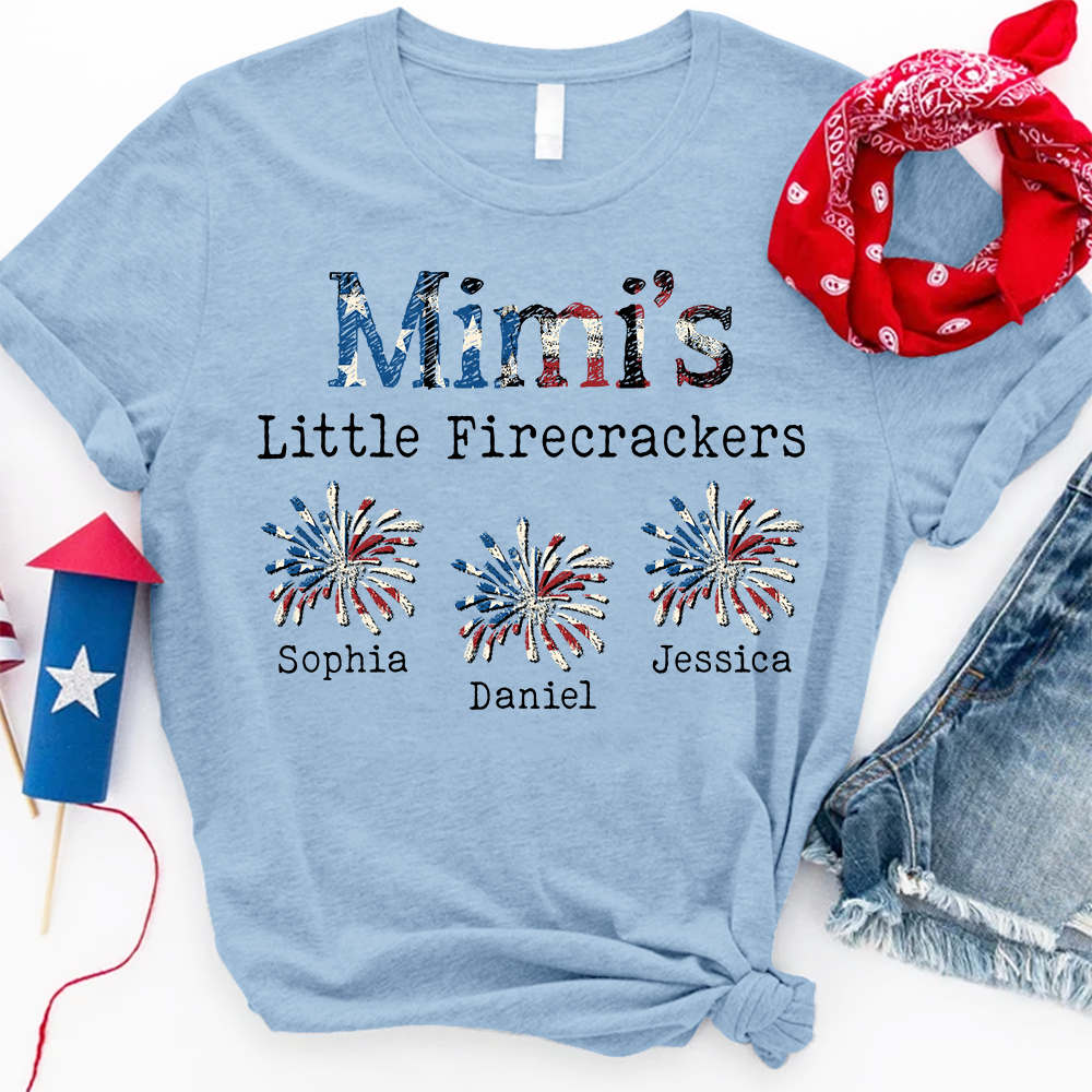 Personalized Mimi's Little Firecrackers Shirt with Kids Names, Custom Patriotic Family Tee, 4th of July Grandma Shirt for Women