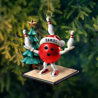 Personalized Bowling Ornament 2025 – Custom Bowling Ball Mascot with Name, Funny Bowler Gift Ornament