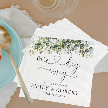 One Day Away Napkins | The Night Before Napkins | Custom Rehearsal Dinner Napkins | Personalized Wedding Napkins | Cocktail Luncheon Napkins