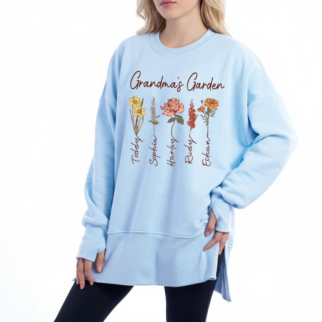 Personalized Grandma Garden Oversized Sweatshirt with Grandkids Names, Custom Floral Birth Flower Design, Cozy Pullover for Grandma, Family Name Keepsake Apparel