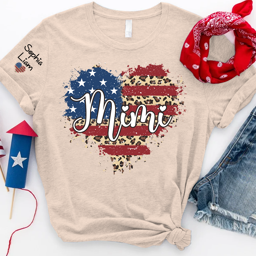 Personalized Mimi Shirt with Kids Names American Flag Heart Leopard Print Custom Grandma Mimi Tee Patriotic Family Shirt for Women