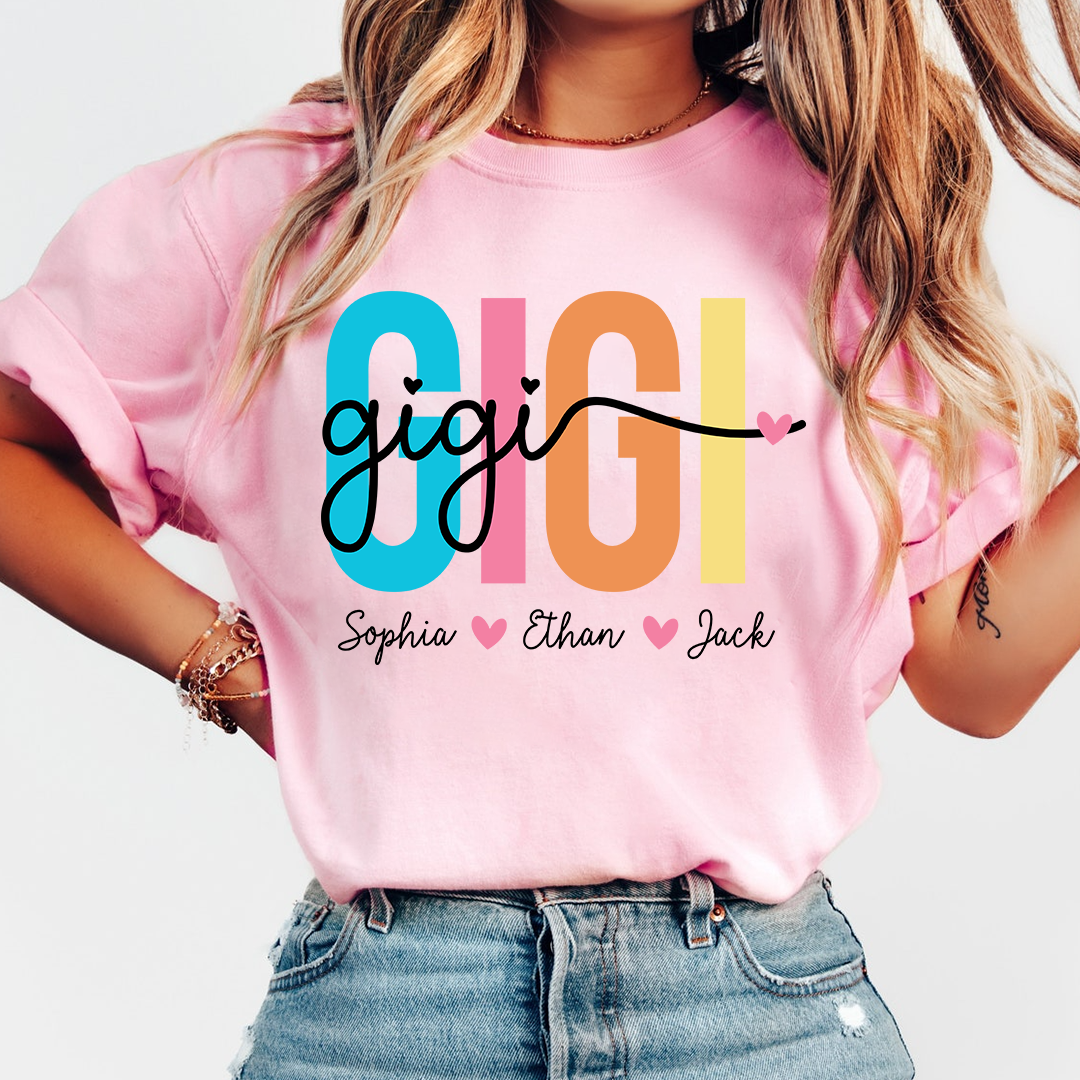 Personalized Gigi Shirt with Grandkids Names, Colorful GIGI Graphic Tee, Custom Grandma T Shirt, Family Gift for Gigi from Grandchildren