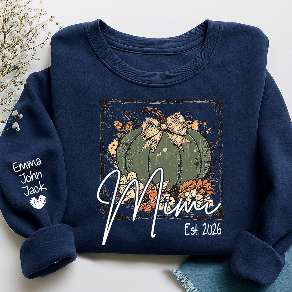 Mimi Pumpkin Shirt for Women, Floral Fall Bow Design Tee, Personalized Grandma T Shirt, Cozy Autumn Gift Idea