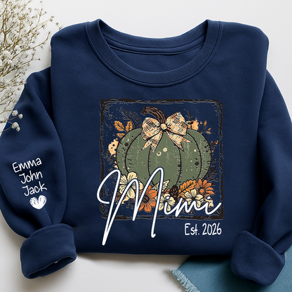 Mimi Pumpkin Shirt for Women, Floral Fall Bow Design Tee, Personalized Grandma T Shirt, Cozy Autumn Gift Idea