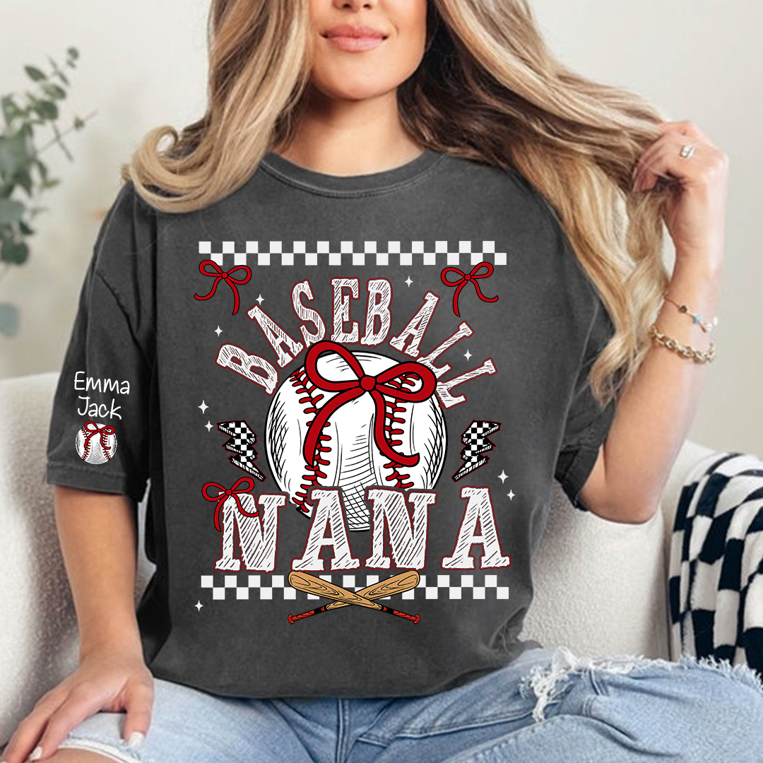Baseball Nana T-Shirt, Personalized Nana T-Shirt with Bow and Vintage Baseball Design