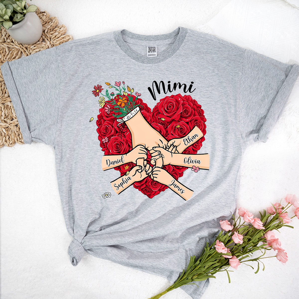 Mimi Heart Shirt, Custom Floral Handprint Family Shirt, Personalized Grandkids Names Tee, Special Gift for Mimi