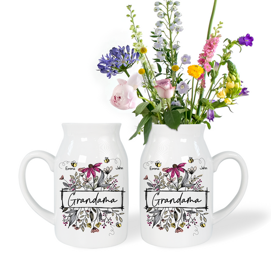 Wildflower Grandma And Bee Kids - Custom Home Decoration Flower Vase According To Family Requirements - Warm Gift For Mother's Day, Ceramic Flower Vase