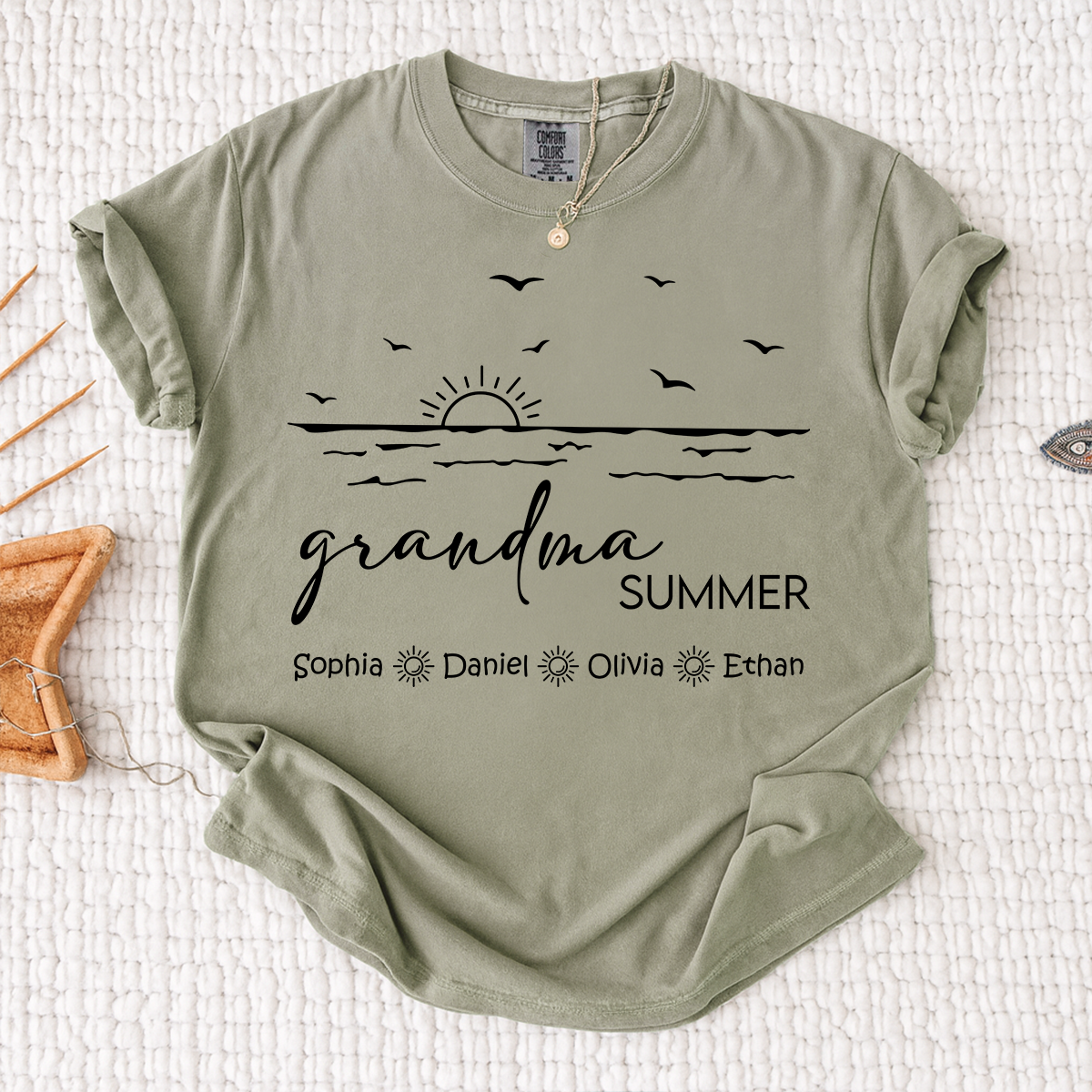 Comfort Colors Custom Name Grandma Shirt, Summer Beach Vacation Tee with Grandkids Names, Ocean Inspired Apparel for Grandma